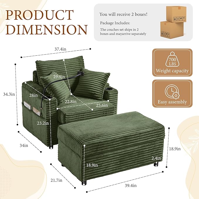 Accent Chair with Storage Ottoman Upholstered Living Room Chairs for Reading Chair with Chaise Lounge Chairs Indoor, Comfortable Armchair for Bedroom