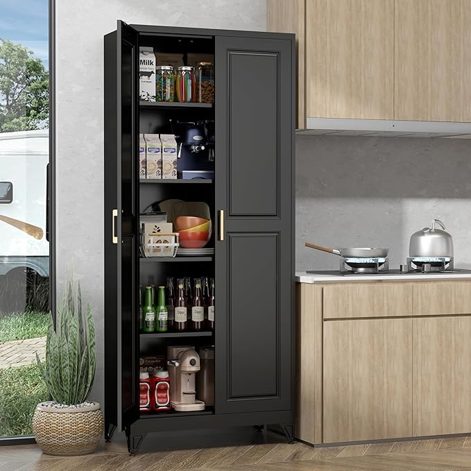 75" Storage Cabinet, Metal Pantry Cabinet, Kitchen Pantry Storage Cabinets with Doors and 4 Shelves, Cabinets for Laundry Room, Living Room, Dinning Room, Assembly Required, Black