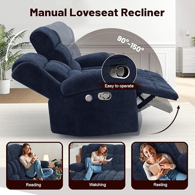 Loveseat Recliner Sofa Set with 2+1 Pieces, 2 Seater Minimalist Style Fabric Manual Pull Tab Reclining Loveseat with USB Charge Ports, Cup Holders, Recliner Couches for Living Room, RV, Blue