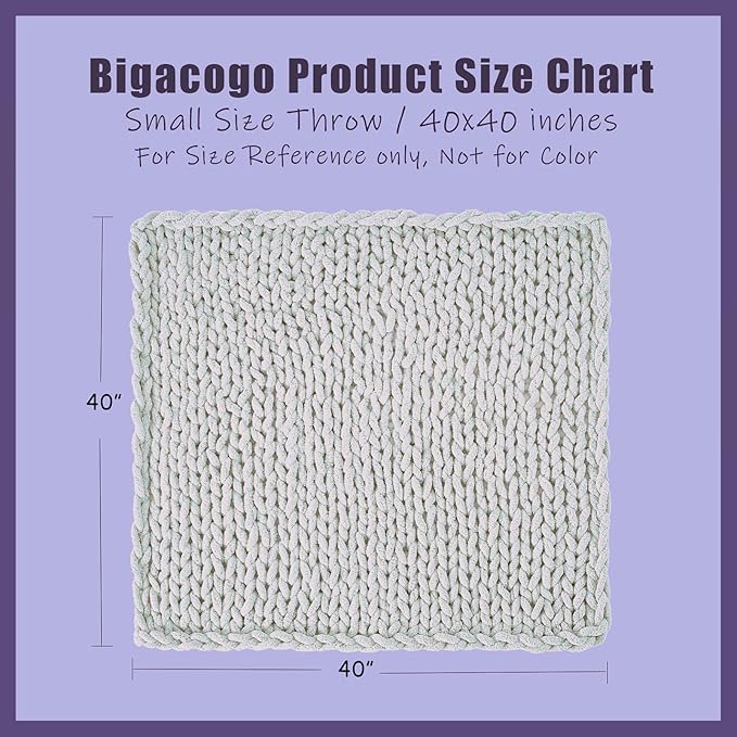Bigacogo Chunky Knit Throw Blanket for Couch, 40x40 inches, 100% Hand Knitted with Thick Jumbo Chenille Yarn, Cozy Soft Large Rope Knot Cable Crochet Blankets for Sofa Bed Living Room, Dusty Blue
