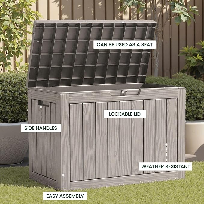 45 Outdoor Storage Box, Waterproof Resin Deck Box with Side Handles, Lockable Outdoor Bench for Indoor & Outdoor Use, Storage Bin for Patio Cushions, Garden Tools, Package Delivery, Grey