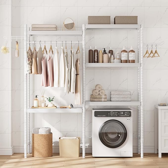 5-Tier Over-The-Washer Shelf - Adjustable 28" Laundry Organizer with 100lb Double Wood Shelves, Space-Saving Storage Unit for Small Homes (White)