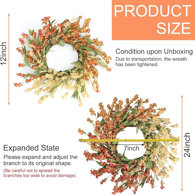 Artgar Fall Wreath, Fall Wreaths for Front Door, 24 in Fall Decor Floral Wreath, Door Wreaths for Front Door Outside All Season for Thanksgiving Home Indoor Outdoor Wall Decor (White&Orange)