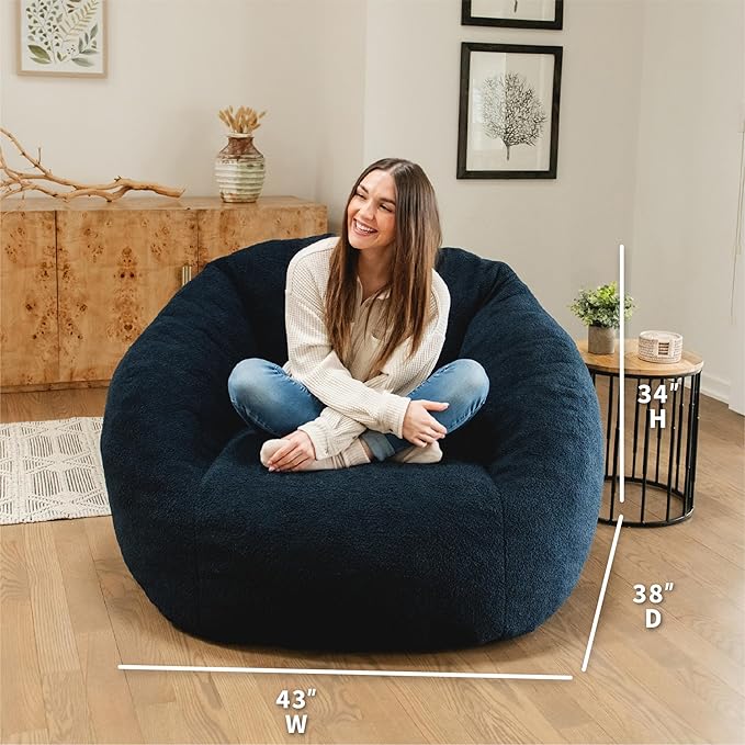 Big Joe Cloudberry Foam-Filled Structured Bean Bag Chair, Deep Blue Teddy Boucle