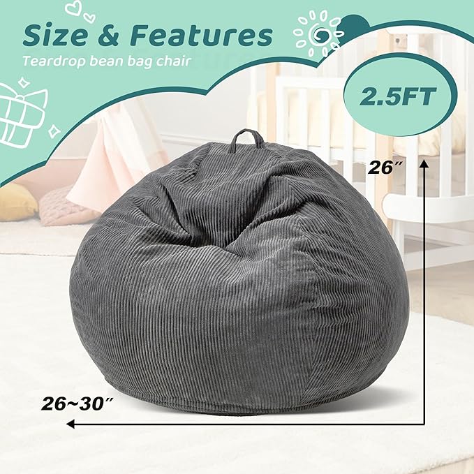 Bean Bag Chairs Teardrop Bean Bag Chair Beanbag Chair with Memory Foam Filled Machine Washable Cover for Living Room, Bedroom (Small,Grey)