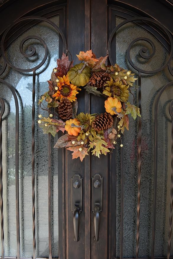 Admired By Nature 24 Inch Artificial Fall Pumpkin Sunflowers Wreath Wall Door Farmhouse Decor For Home Office Thanksgiving Harvest Wreaths For Front Door Cemetery Wreaths Indoor Outdoor, Green/Autumn