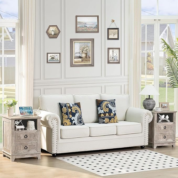 18" Farmhouse Night Stands Set of 2 with Charging Station, 2 & 3 Drawers End Table Dresser for Bedroom, Oak Wooden Nightstand, Bed Side Table with Open Shelf, Bedside Cabinet for Living Room