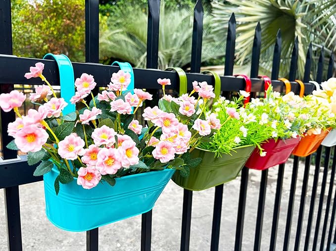 8 Pack Hanging Planters 10", Colorful Metal Bacony Railing Planter for Outdoor Decor, Countryside Fence Pot Flower Bucket for Rails Patio Garden, Plant Pot for Herb (Multi-Color, 8Pcs)