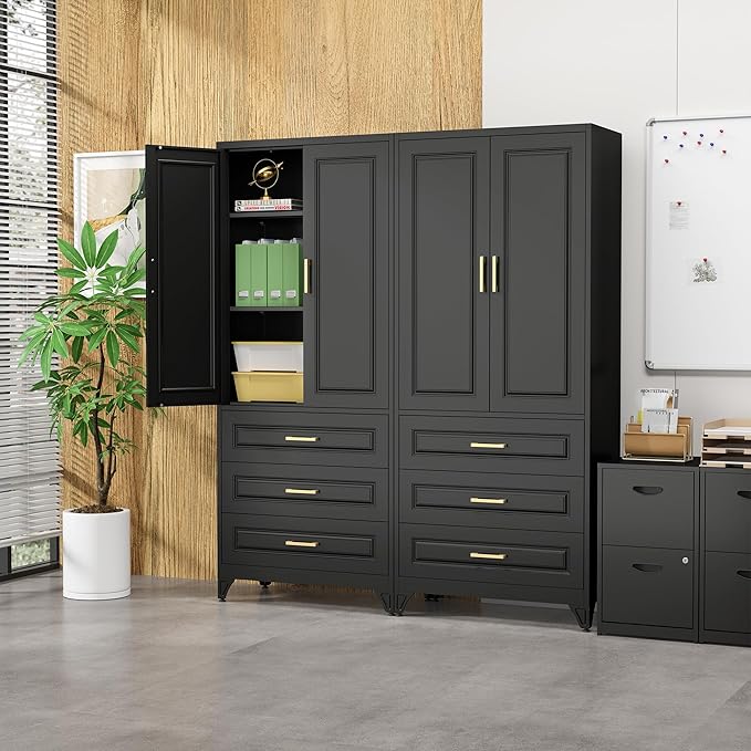 75" Kitchen Pantry Cabinet with 3 Drawers,Metal Storage Cabinets with Doors and 4 Adjustable Shelves,Black Kitchen Cabinet with 2 Gold Handles,Food Cupboard for Livingroom, Bathroom,Pantry