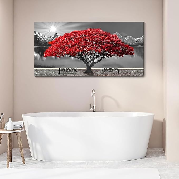 Black and White Red Tree Wall Art Canvas Print Picture Large Red Tree Landscape Modern Artwork for Living Room Bedroom Office Home Wall Decor With Frame 24X48inch