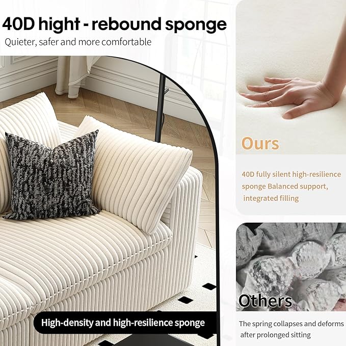 157.5" Cloud Couch Modular Sectional Sofa for Living Room,Modern Sofa with Deep Seat，4 Seater Boneless Couch,Comfy Upholstered Corduroy Couches for Apartment, Studio, Office,Bedroom，White