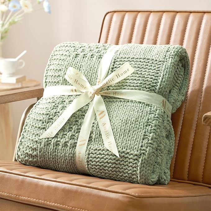 Amélie Home Chenille Knit Throw Blanket for Couch, Checkered Texture Decorative Soft Blanket for Sofa, Bed & Living Room, 60"x80", Sage Green