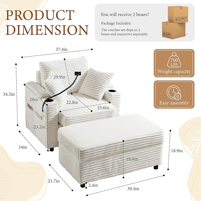 Accent Chair with Storage Ottoman Upholstered Living Room Chairs for Reading Chair with Chaise Lounge Chairs Indoor, Comfortable Armchair for Bedroom