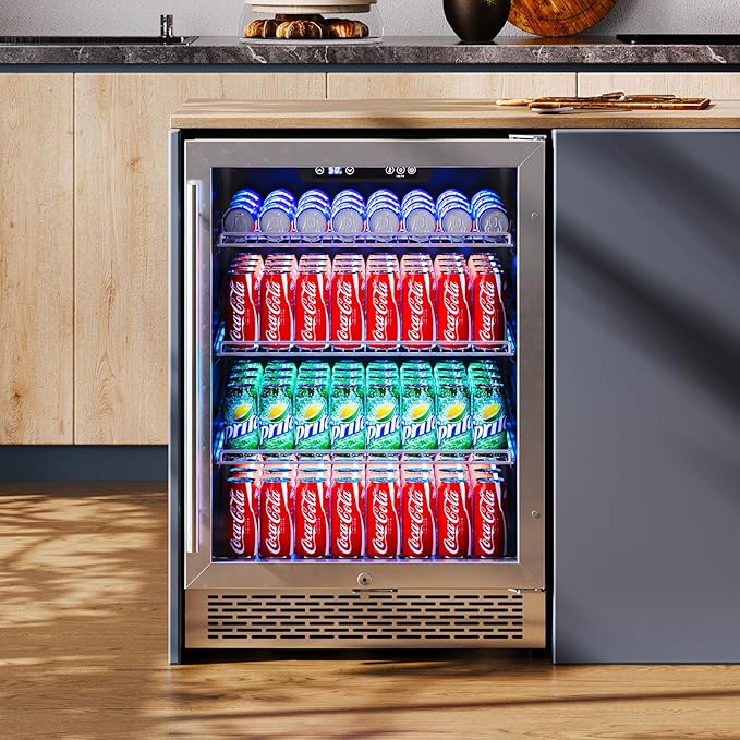 Albott Beverage Refrigerator-24 In fridge with Glass Door, Adjustable Shelves and LED Touch Panel, Under Counter Design for Wine Beer, Built-In or Freestanding Use, 34-64℉