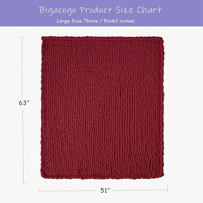 Bigacogo Chunky Knit Throw Blanket for Couch, 51x63 inches, 100% Hand Knitted with Thick Jumbo Chenille Yarn, Cozy Soft Large Rope Knot Cable Crochet Blankets for Sofa Bed Living Room, Red