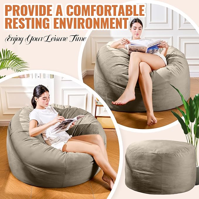 4FT Bean Bag Chair: Bean Bag with Velvet Cover, Fluffy and Comfy Bean Bag Chairs for Adults and Kids, Bean Bag Sofa Filled with High-Density Sponge for Gaming (Light Grey)