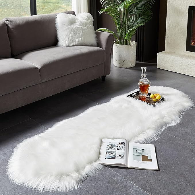 AMTOVO Faux Sheepskin Rug, White Ultra Soft Fluffy Shag Area Rug, 2 x 6 ft Faux Fur Rug for Bedroom Sofa Throw Cushion Room Decor, Sheepskin