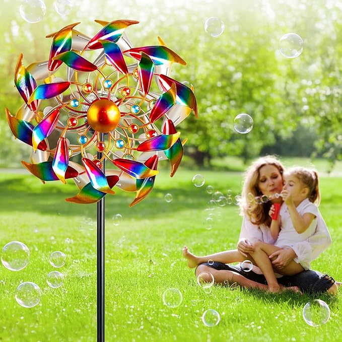 54'' Wind Spinners Outdoor Solar Garden Decor Light - Unique Gemstone Colorful Windmill, Durable Waterproof Design for Garden, Lawn, Patio
