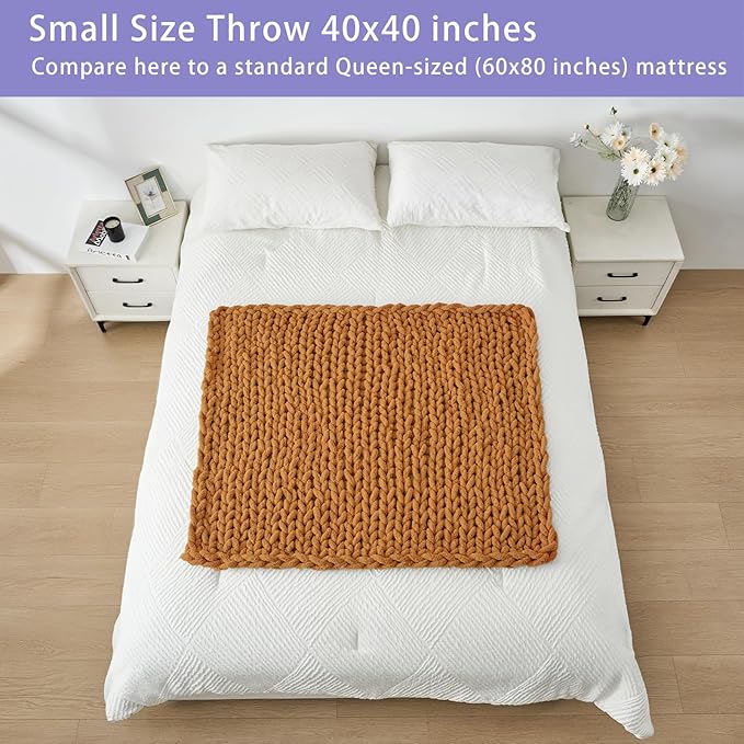 Bigacogo Chunky Knit Throw Blanket for Couch, 40x40 inches, 100% Hand Knitted with Thick Jumbo Chenille Yarn, Cozy Soft Large Rope Knot Cable Crochet Blankets for Sofa Bed Living Room, Burnt Orange