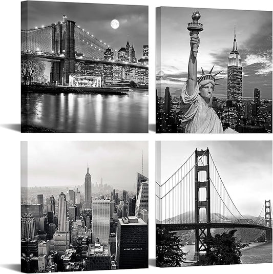 LevvArts Black and White City Wall Art Modern Brooklyn Bridge Picture Prints US Cityscape Canvas Artwork for Bedroom Home Decor