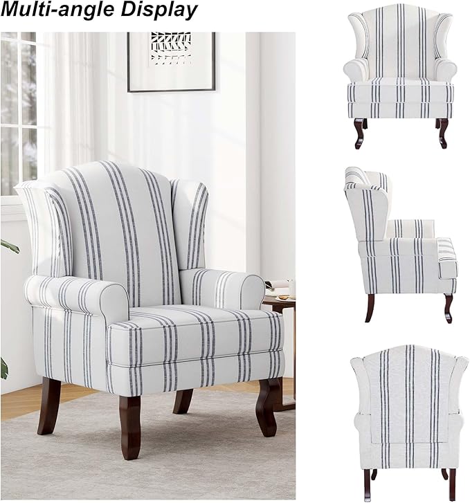 Accent Chair, High Back Upholstered Armchair with High Resilience Sponge & Wood Legs, Mid-Century Modern Comfy Single Sofa Reading Chairs for Living Room, Bedroom (Stripe Navy, Set of 1)