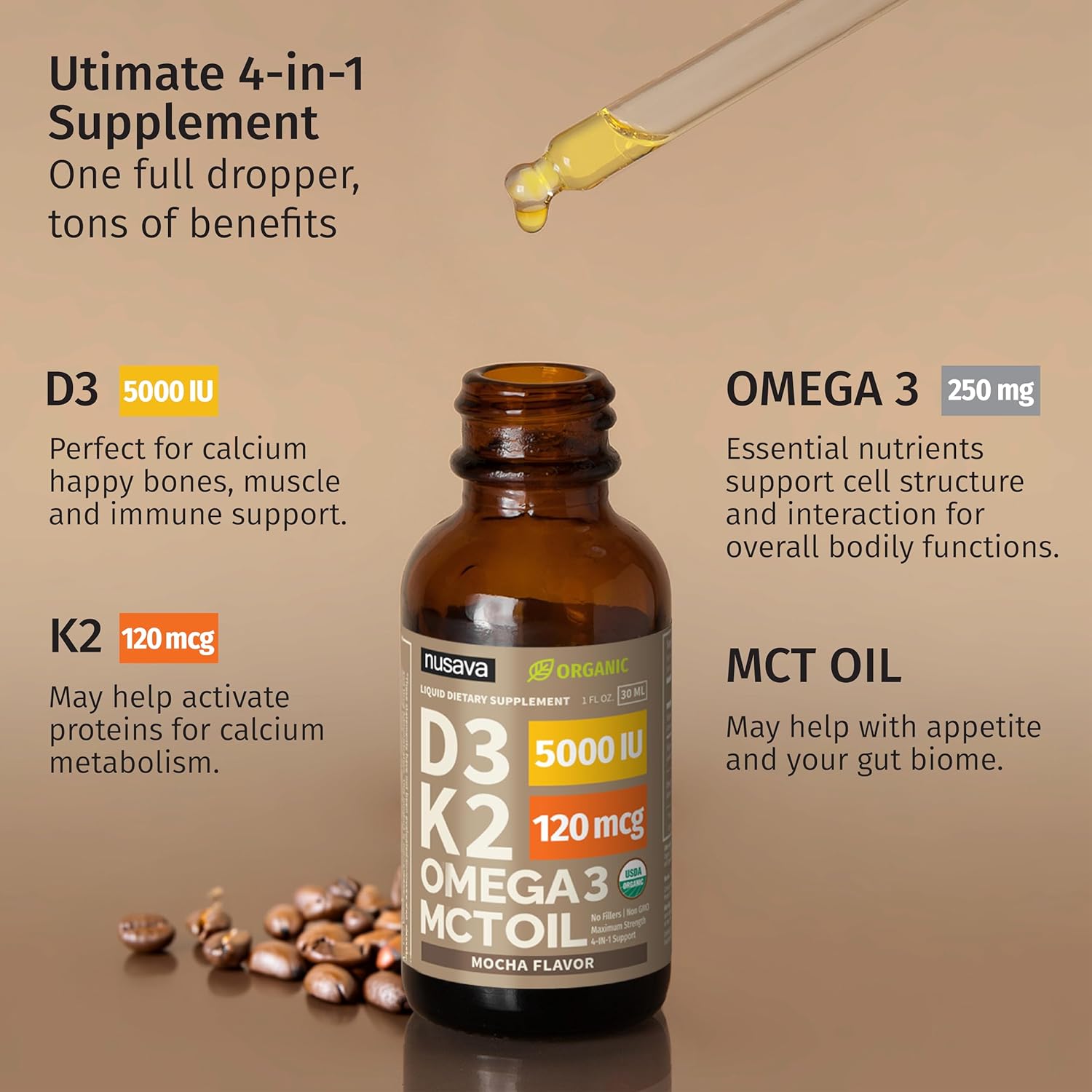 (2 Pack) Organic Vitamin D3 K2 Drops with MCT Oil Omega 3, 5000 IU, Maximum Strength Vitamin D Liquid, No Fillers, Non-GMO Liquid D3 for Faster Absorption and Immune Support (Mocha, 2 Fl Oz)