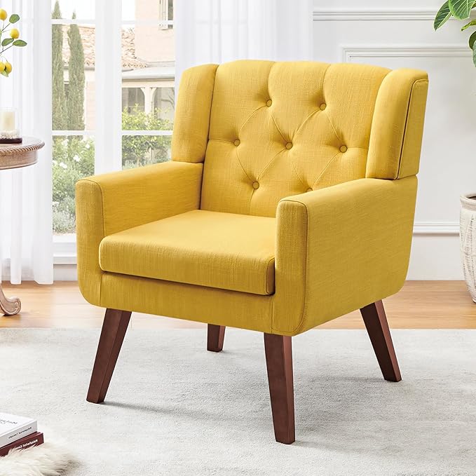 Accent Chairs Set of 2, Button-Tufted Upholstered Living Room Chairs Set of 2, Comfy Reading Chair Mid Century Modern Chairs with Linen Fabric Lounge Arm Chairs for Bedroom (Bright Yellow)