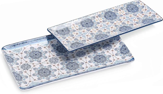 Bico Blue Talavera Ceramic 14 inch Rectangular Serving Platter, Set of 2, for Serving Salad, Pasta, Cheese, Ham, Appetizer, Microwave & Dishwasher Safe