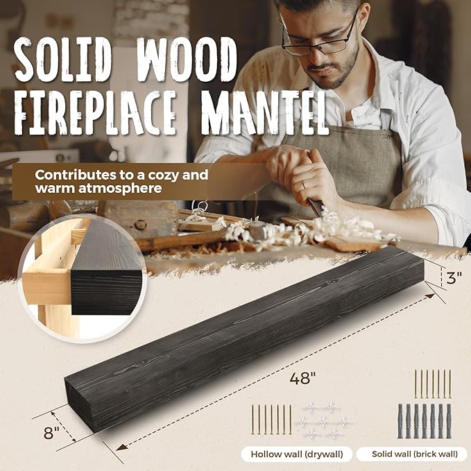 48x8x3 Fireplace Mantel - Handcrafted Hollow Rustic Solid Wood Wall Mounted Floating Shelf with Invisible Heavy Duty Wood Bracket (Weathered Black)