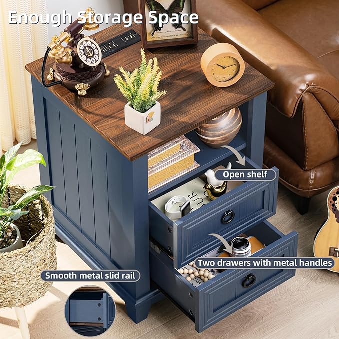 18" Farmhouse Night Stand with Charging Station, 2 Drawers End Table Dresser for Bedroom, Blue Wooden Nightstand, Bed Side Table with Open Shelf, Bedside Cabinet for Living Room, Closet