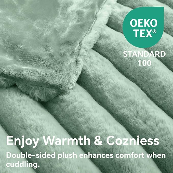 BEDELITE Faux Rabbit Fur Blanket, Luxurious 3D Striped Spring Blanket for Decor & Gift, Soft and Warm Plush Fluffy Faux Fur Throw Blanket All Seasons Suitable, (Sage Green, 60"x 80")