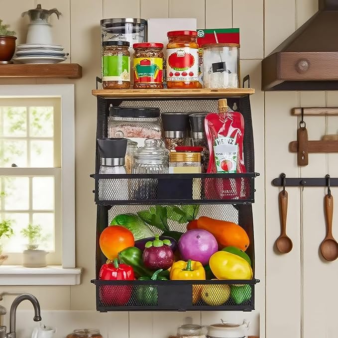 2 Tier Stackable Hanging fruit basket for kitchen counter,hanging Wall baskets with Bamboo Tops & Tag,Wire basket for Cabinet Shelf Countertop Pantry Organizer Bins, onion potato Vegs Bread Organizing