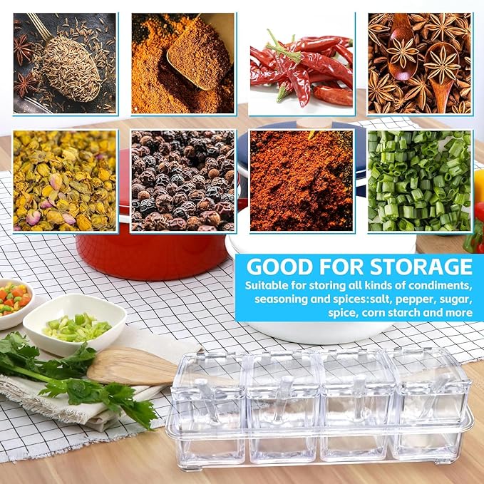 4-Cell Clear Seasoning Rack Spice Box, Storage Container Condiment Jars Acrylic Seasoning Box with Cover and Spoon (Enhanced Version Clear)