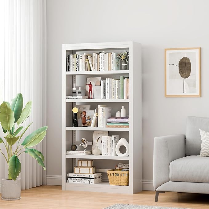 61" H Metal Bookshelf, 5 Tier Adjustable Bookshelf, White Small Bookcase, Bedroom Bookshelves and Bookcases, Modern Book Shelf for Living Room, Office, Easy Tool-Free Assembly