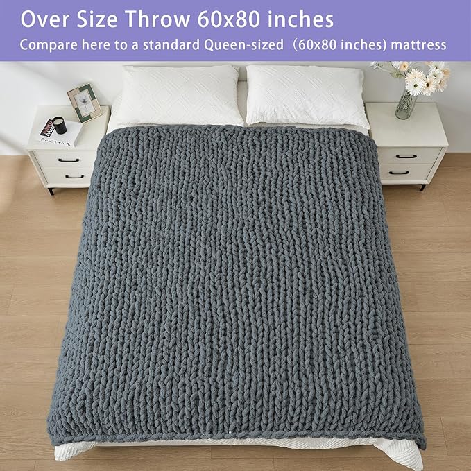 Bigacogo Chunky Knit Throw Blanket for Couch, 60x80 inches, 100% Hand Knitted with Thick Jumbo Chenille Yarn, Cozy Soft Large Rope Knot Cable Crochet Blankets for Sofa Bed Living Room, Iron Gray
