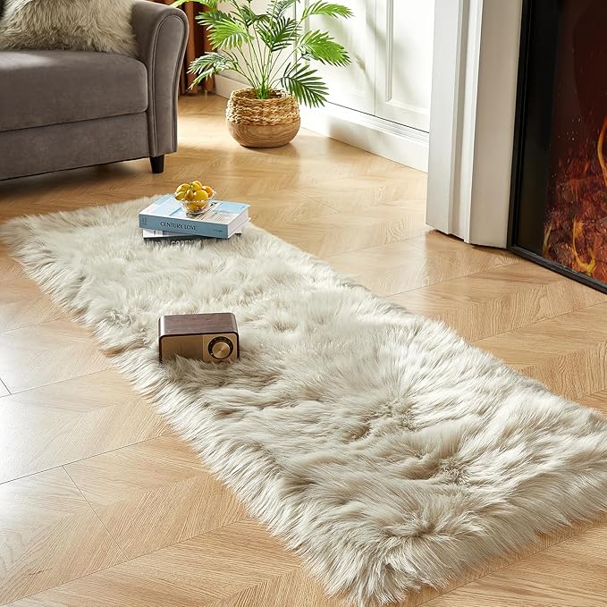 AMTOVO Faux Fur Rug, Light Grey Ultra Soft Fluffy Shag Sheepskin Rug, 2 x 6 ft Runner Area Rugs for Bedroom Sofa Throw Cushion Room Decor, Rectangle