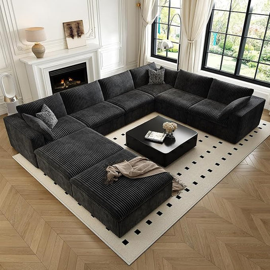 157.5" Cloud Couch Oversized Modular Sectional Sofa for Living Room,Modern Sofa with Deep Seat，8 Seater Boneless Couch with 2 Ottoman,Comfy Upholstered Couches for Apartment, Studio, Office,Black