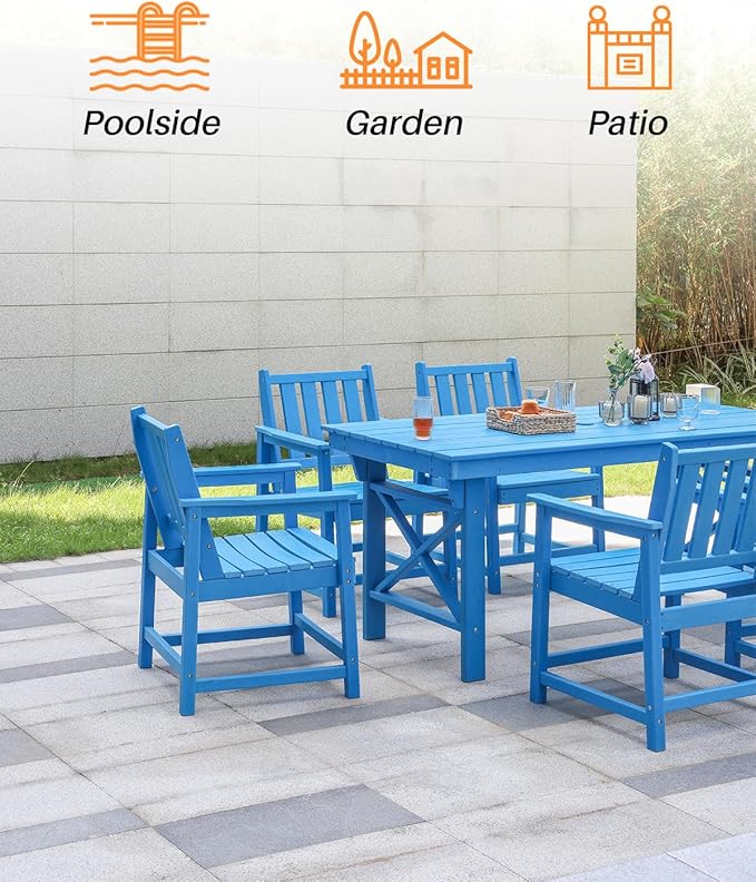 7 Pieces HDPE Outdoor Dining Set, Patio Dining Set with Umbrella Hole, All Weather Outdoor Dining Table Sets for 6, HDPE Patio Furniture Sets for Deck, Backyard, Lawn, and Poolside, Sky Blue