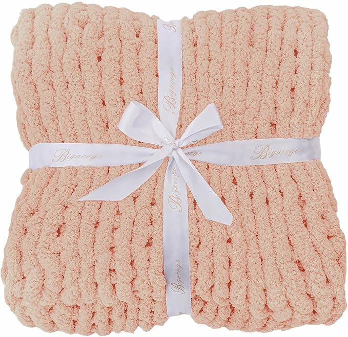Bigacogo Chunky Knit Throw Blanket for Couch, 40x80 inches, 100% Hand Knitted with Thick Jumbo Chenille Yarn, Cozy Soft Large Rope Knot Cable Crochet Blankets for Sofa Bed Living Room, Peach Fuzz