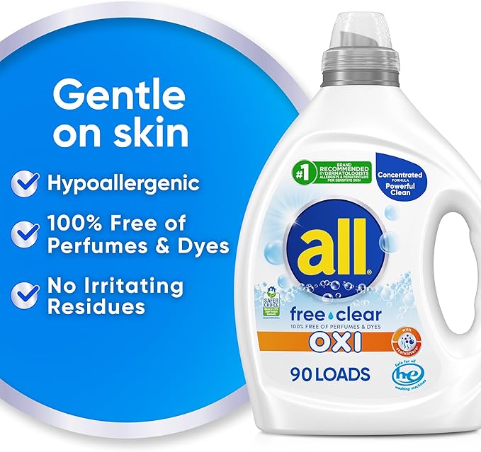 all Liquid Laundry Detergent, Free Clear for Sensitive Skin with OXI, Unscented and Hypoallergenic, 2X Concentrated, 90 Loads
