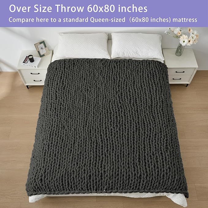 Bigacogo Chunky Knit Throw Blanket for Couch, 60x80 inches, 100% Hand Knitted with Thick Jumbo Chenille Yarn, Cozy Soft Large Rope Knot Cable Crochet Blankets for Sofa Bed Living Room, Dark Grey
