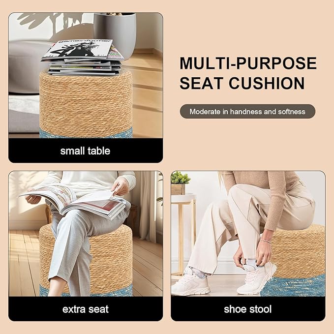 16'' Round Ottoman Natural Seagrass Braided Poof Hand Weaving Round Ottomans Boho Footrest Stool for Home Living Room Bedroom Patio(Natural&Blue)