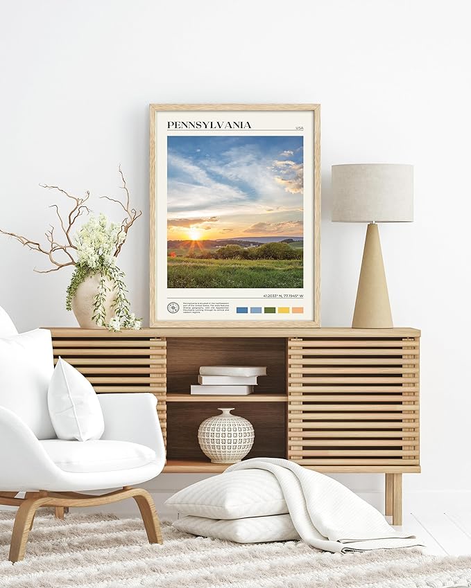 HesenDot Natural OAK Wood Framed Pennsylvania Wall Art,12x16in Appalachian Mountains Scenery Canvas Wall Print,Classic Urban Landmark Wall Decor for Living Room, Bedroom,Office Gallery Set of 1
