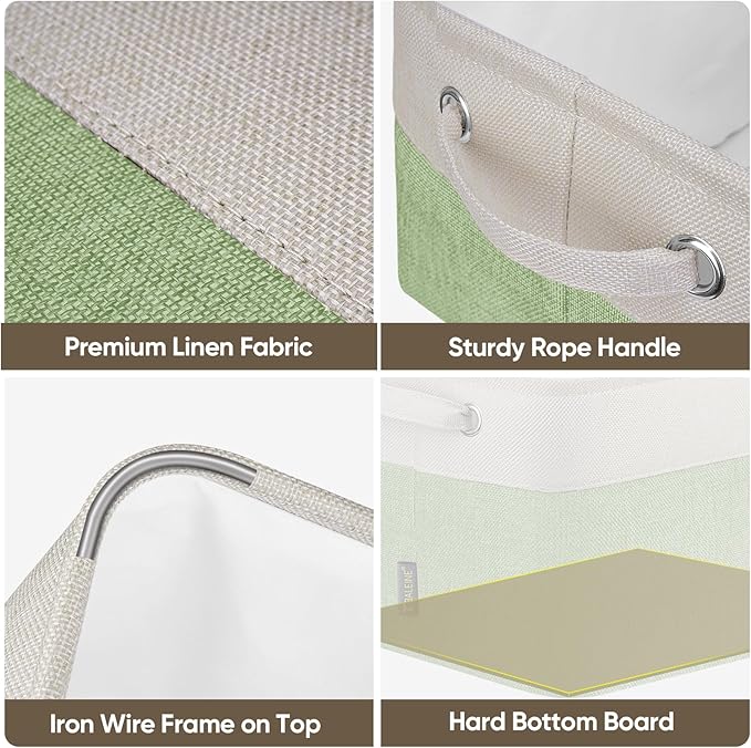 BALEINE 3 Pack Fabric Storage Bins for Shelves, Linen Storage Baskets for Organizing, Decorative Closet Bins for Clothes, Home (Green, 15''x11''x9.5'')