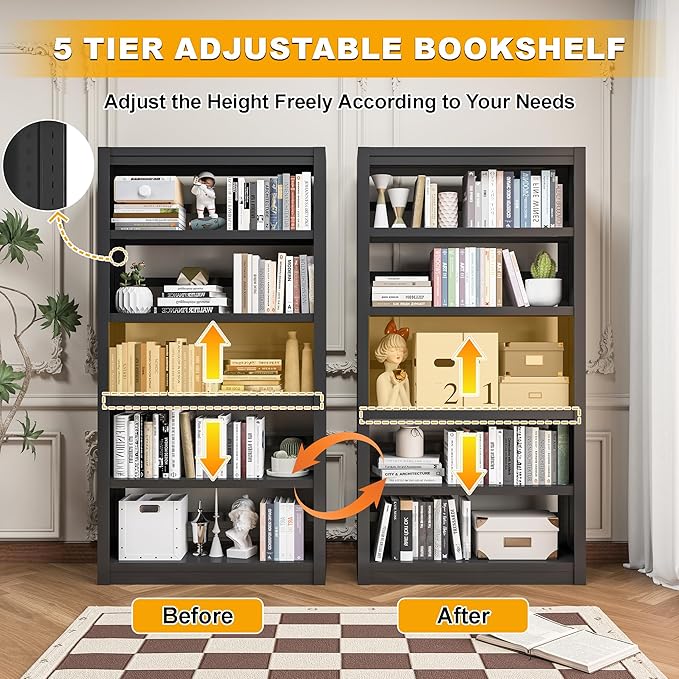 5 Tier Adjustable Black Bookcase, Metal Small Bookshelves and Bookcases, 61" H Display Modern Bookshelf for Living Rooms, Bedrooms, Home Offices, 10 Minutes Assemble