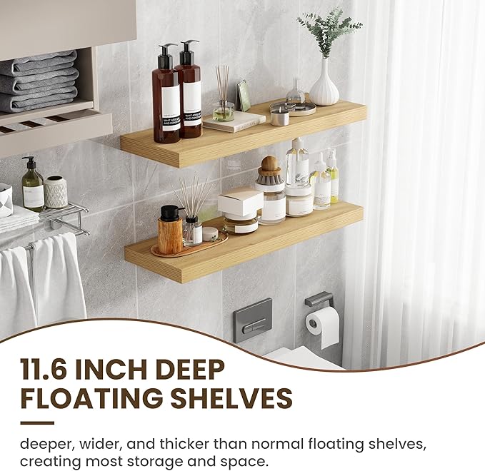 36 Inch Floating Shelves, 11.6 Inch Deep Floating Shelves for Wall, Floating Shelf with Invisible Brackets, Deep Shelves for Bathroom, Bedroom, Living Room, 2 Pack, Natural