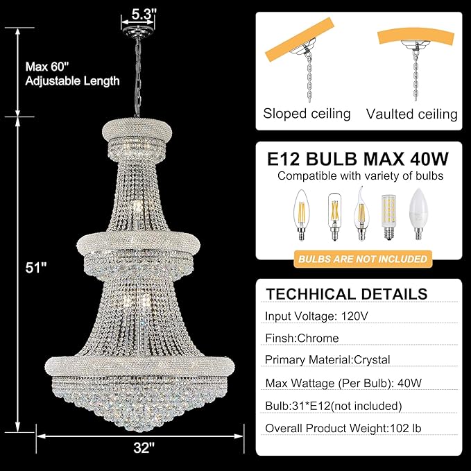 31 - Light Large Empire Crystal Chandelier for High Ceiling Foyer Entryway Staircase Living Room Dining Room Chrome Finish