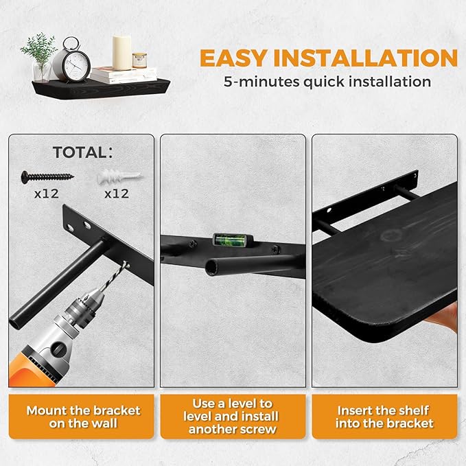 16"x6.8"x1.6" Slanted Floating Wall Shelves 2-Pack - Rustic Black Finish, Heavy-Duty Solid Wood Design with Hidden Brackets - Perfect for Living Room, Kitchen, Bathroom, or Office