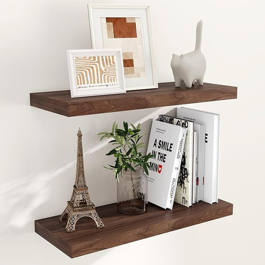 24 x 9 Floating Shelves, 9 Inch Deep Floating Shelf Wall Mounted, 24 Inch Bathroom Shelves Set of 2, Rustic Wood Wall Shelf for Bedroom, Living Room, Walnut Color