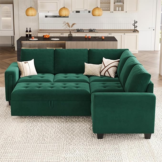 Belffin Modular Sectional Sleeper Sofa with Pull Out Couch Bed Velvet Convertible L Shaped Sectional Couch for Living Room Apartment Green